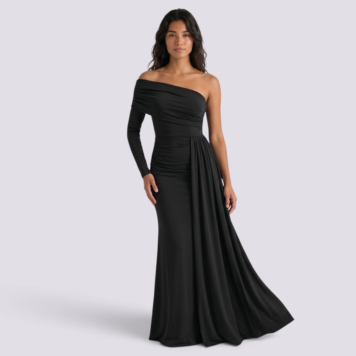 Vestido de noche mujer un hombro manga larga color negro, vista frontal