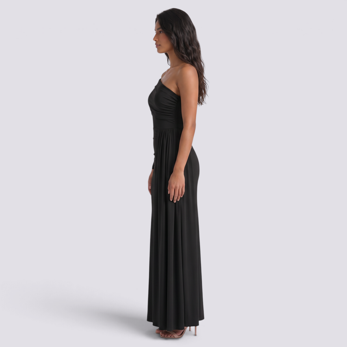 Vestido de noche mujer un hombro manga larga color negro, vista lateral