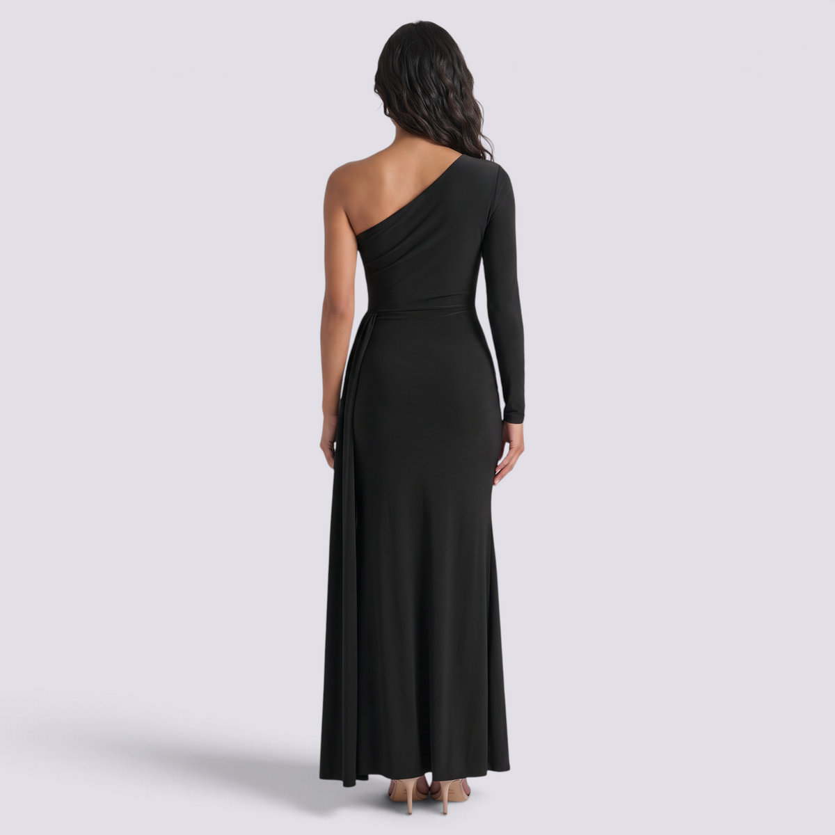 Vestido de noche mujer un hombro manga larga color negro, vista trasera