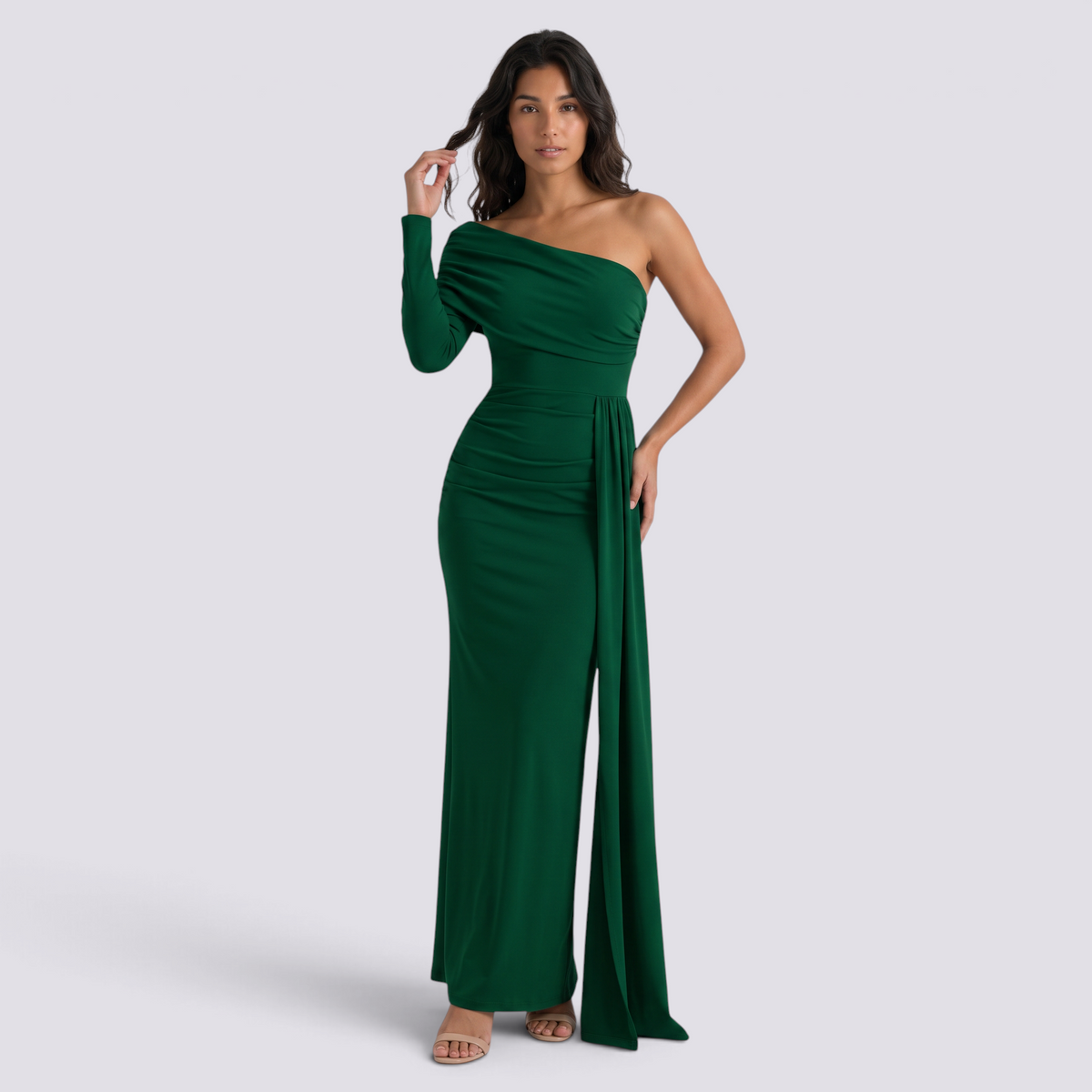 Vestido de noche mujer un hombro manga larga color verde, vista frontal