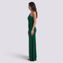 Vestido de noche mujer un hombro manga larga color verde, vista lateral