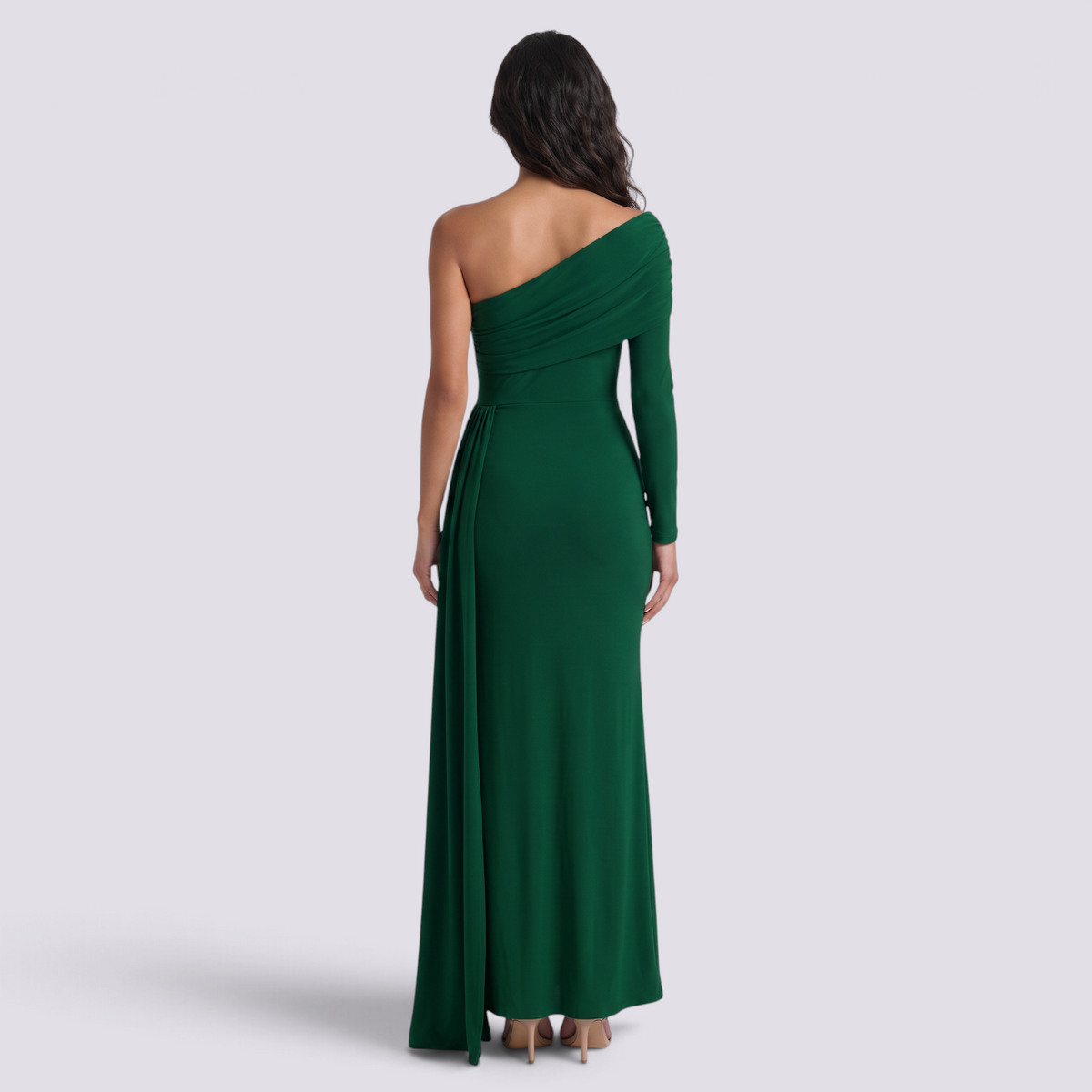 Vestido de noche mujer un hombro manga larga color verde, vista trasera