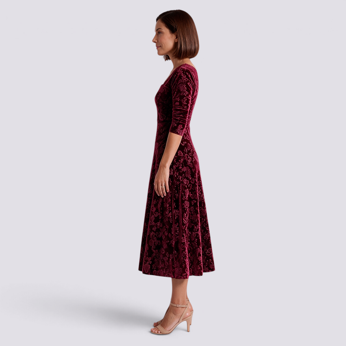 Essyro burgundy velvet midi dress with floral jacquard pattern, square neckline, and A-line skirt, side view