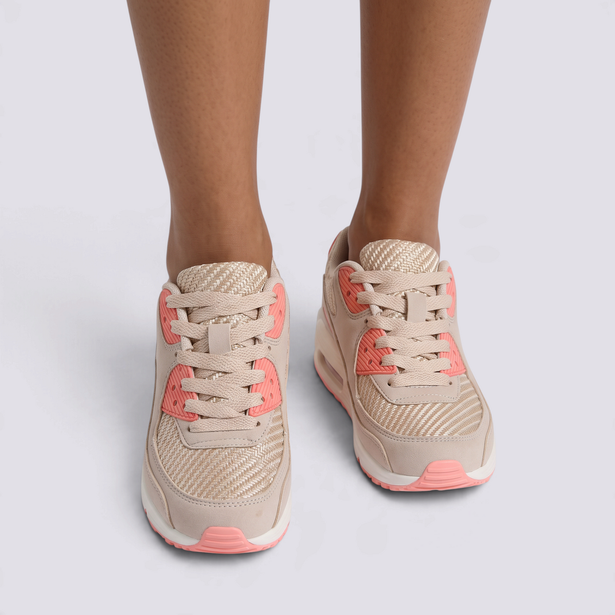 Zapatillas deportivas mujer con cámara de aire en beige y naranja, vista frontal