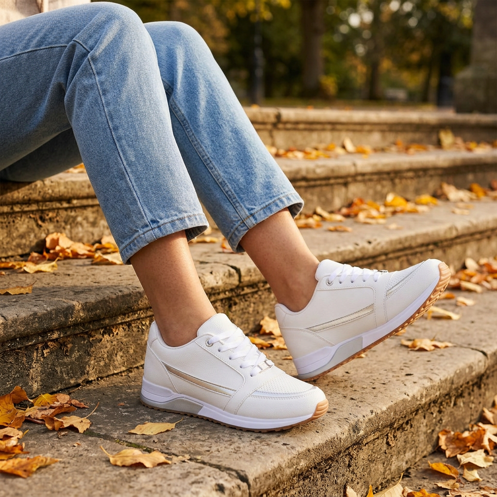 Zapatillas deportivas mujer con detalle metalizado en un parque en otoño