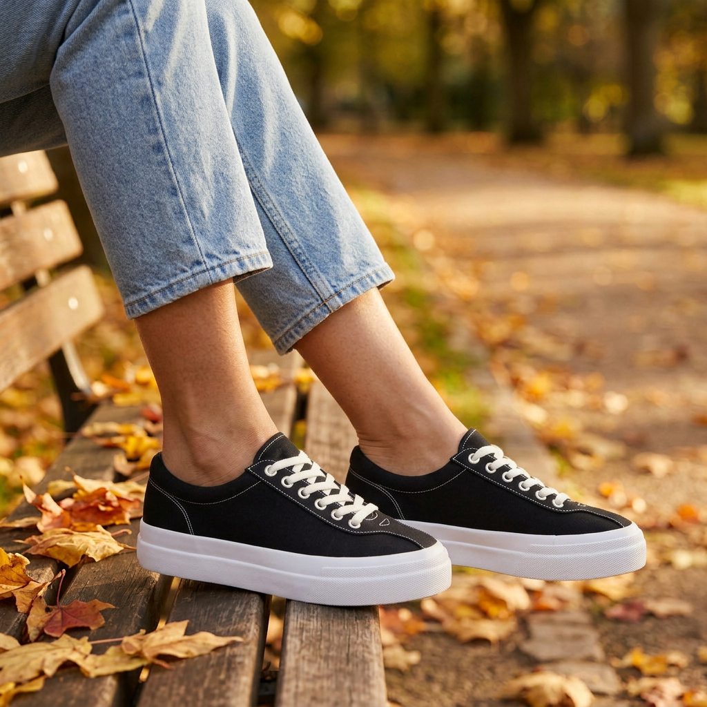 Zapatillas de lona mujer con plataforma en un parque de otoño