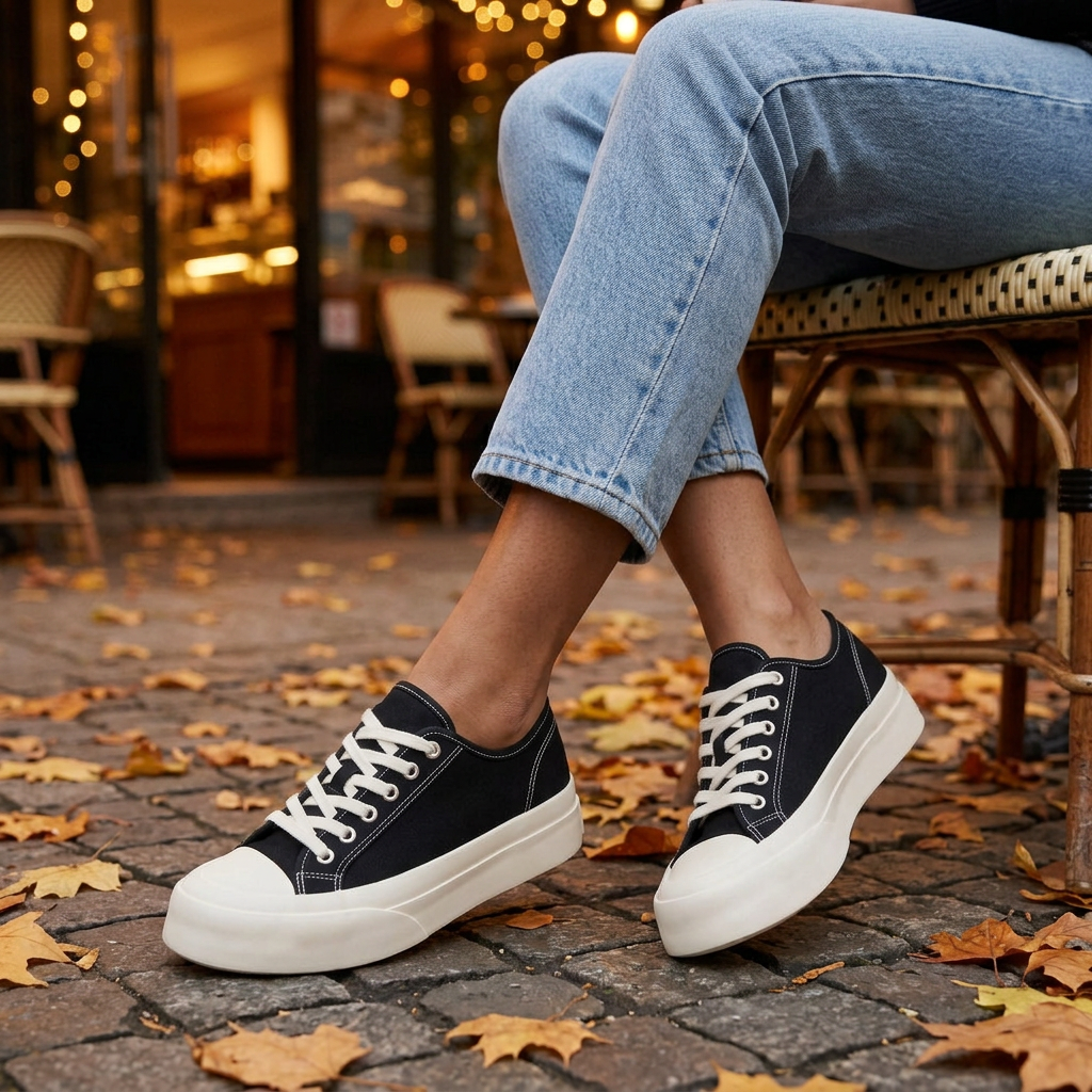 Zapatillas de Lona Mujer Suela Gruesa Negro lifestyle otoño