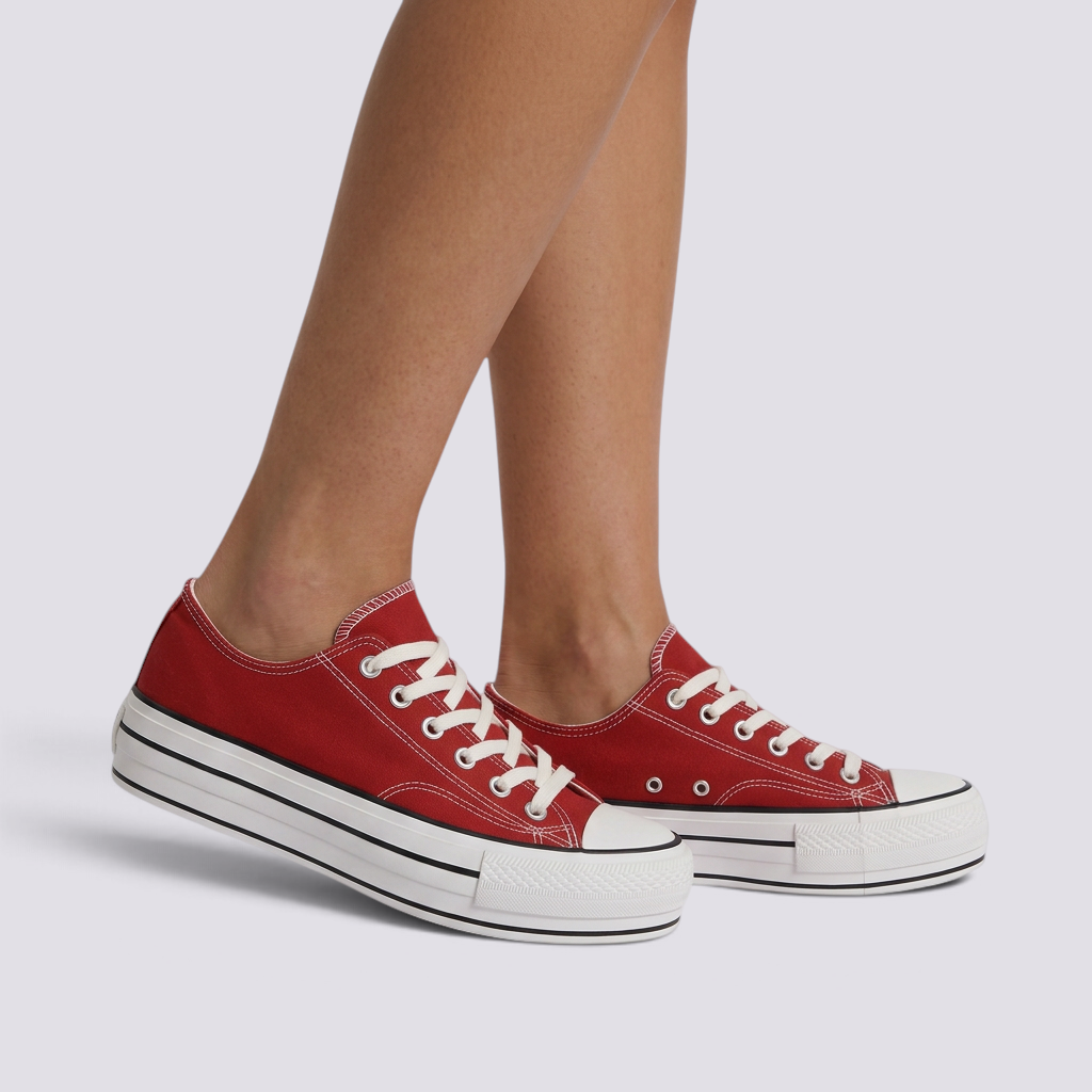 Zapatillas de Lona Mujer Suela Gruesa Rojo vista lateral