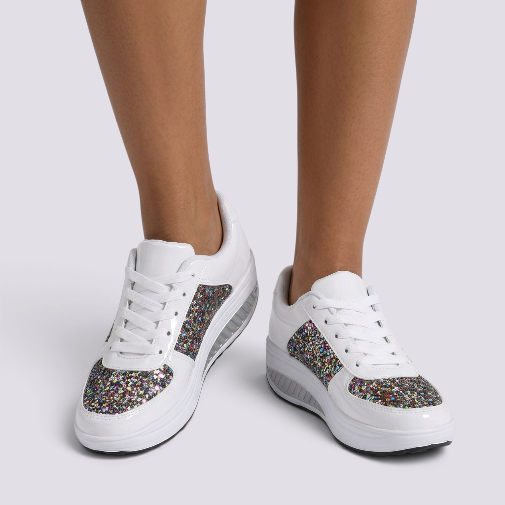 Zapatillas mujer lentejuelas con plataforma blanco vista frontal